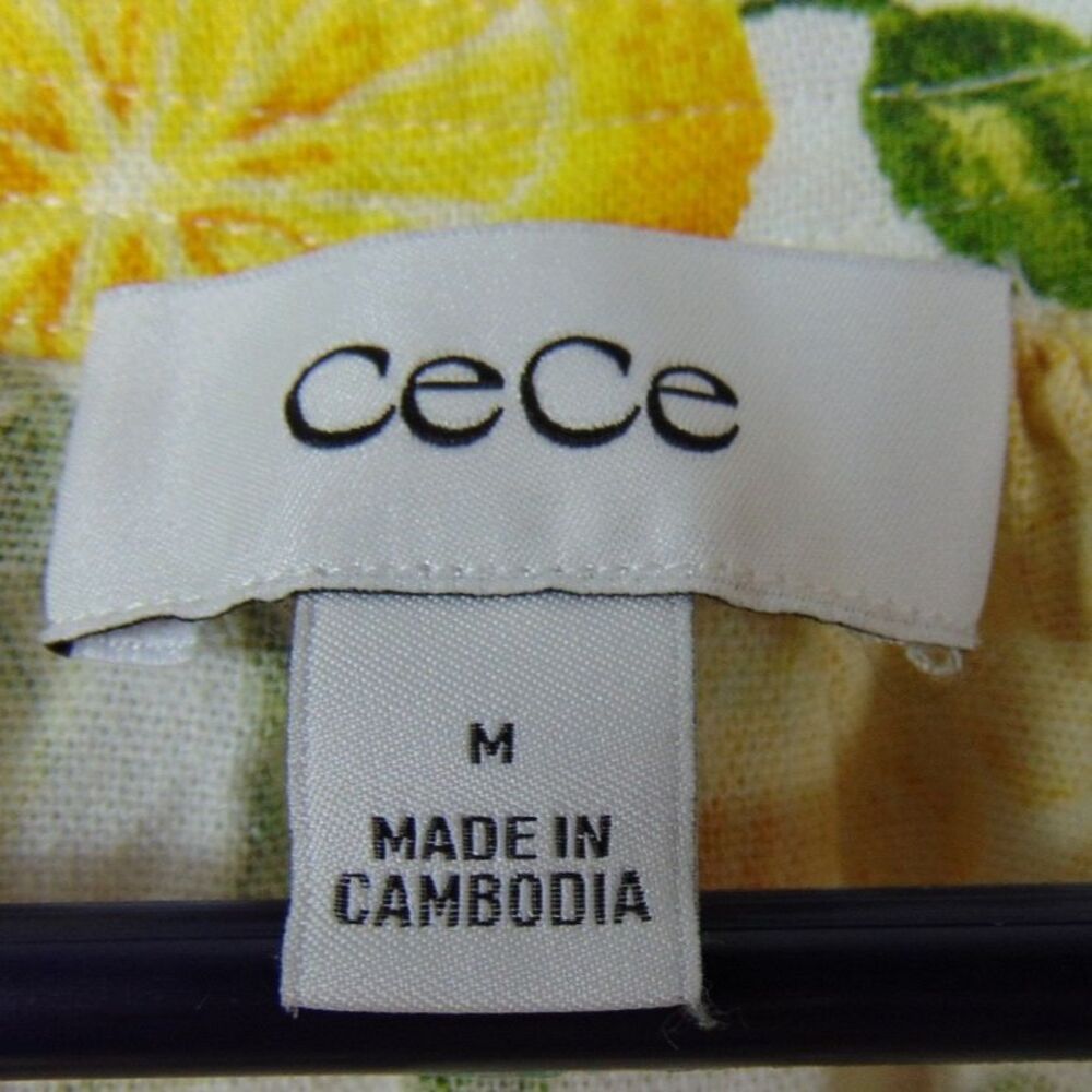 CeCe Top Womens Medium Lemon Print Puff Sleeve Linen Blend V-Neck Yellow Fruit - Picture 8 of 10